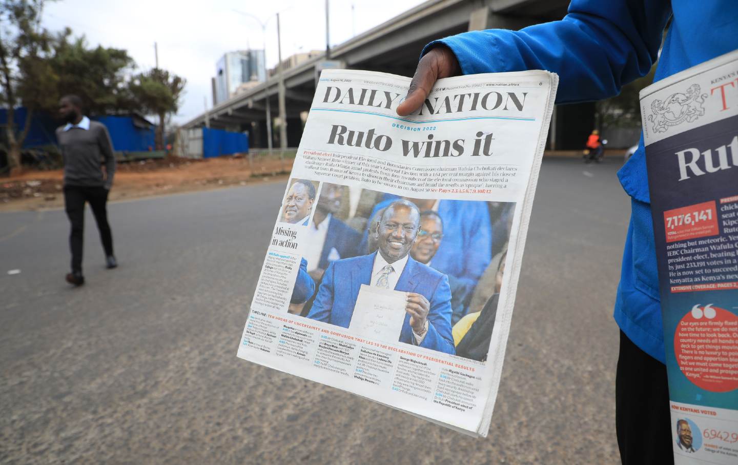 A newspaper in Nairobi announces deputy president William Ruto as the new president of Kenya.