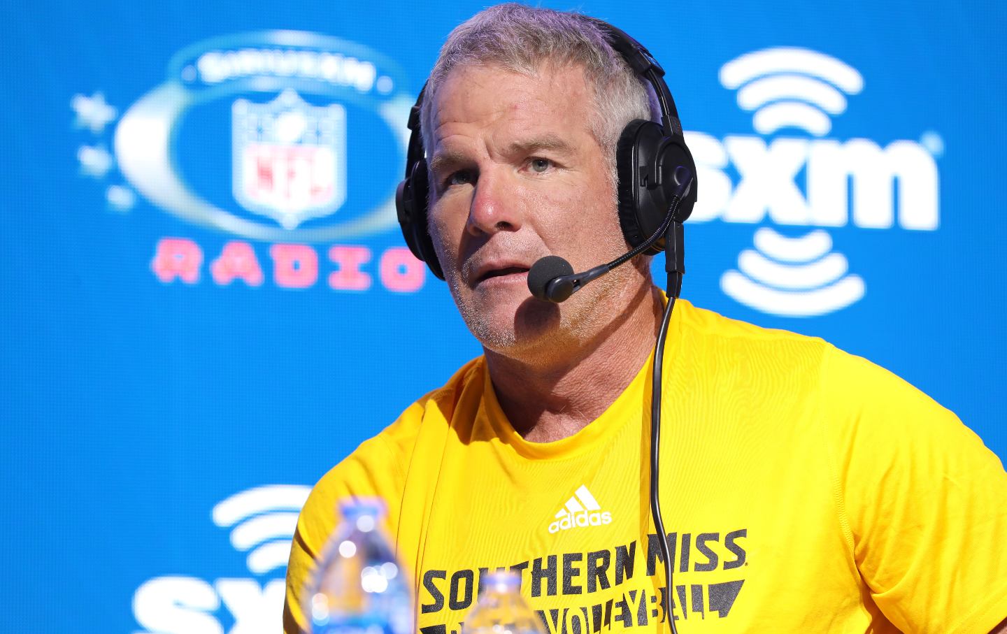 Former NFL quarterback Brett Favre speaking onstage during day 3 of SiriusXM at Super Bowl LIV on January 31, 2020 in Miami, Florida.