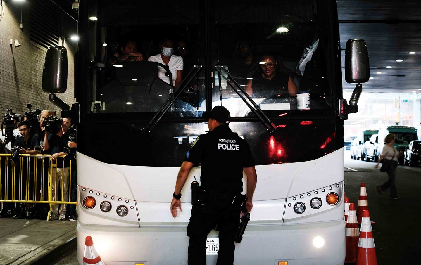 Bus of migrants arriving in New York City
