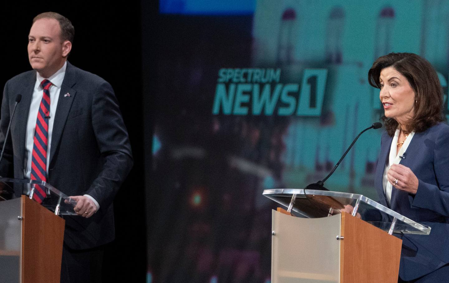 Lee Zeldin and Kathy Hochul participate in a debate hosted by Spectrum News NY1.