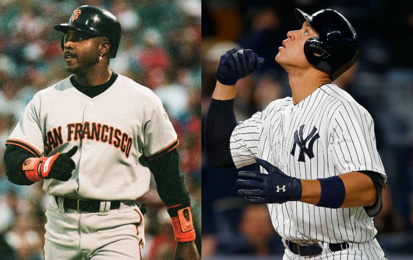 San Francisco Giants player Barry Bonds in 1997, and New York Yankees player Aaron Judge in 2017.