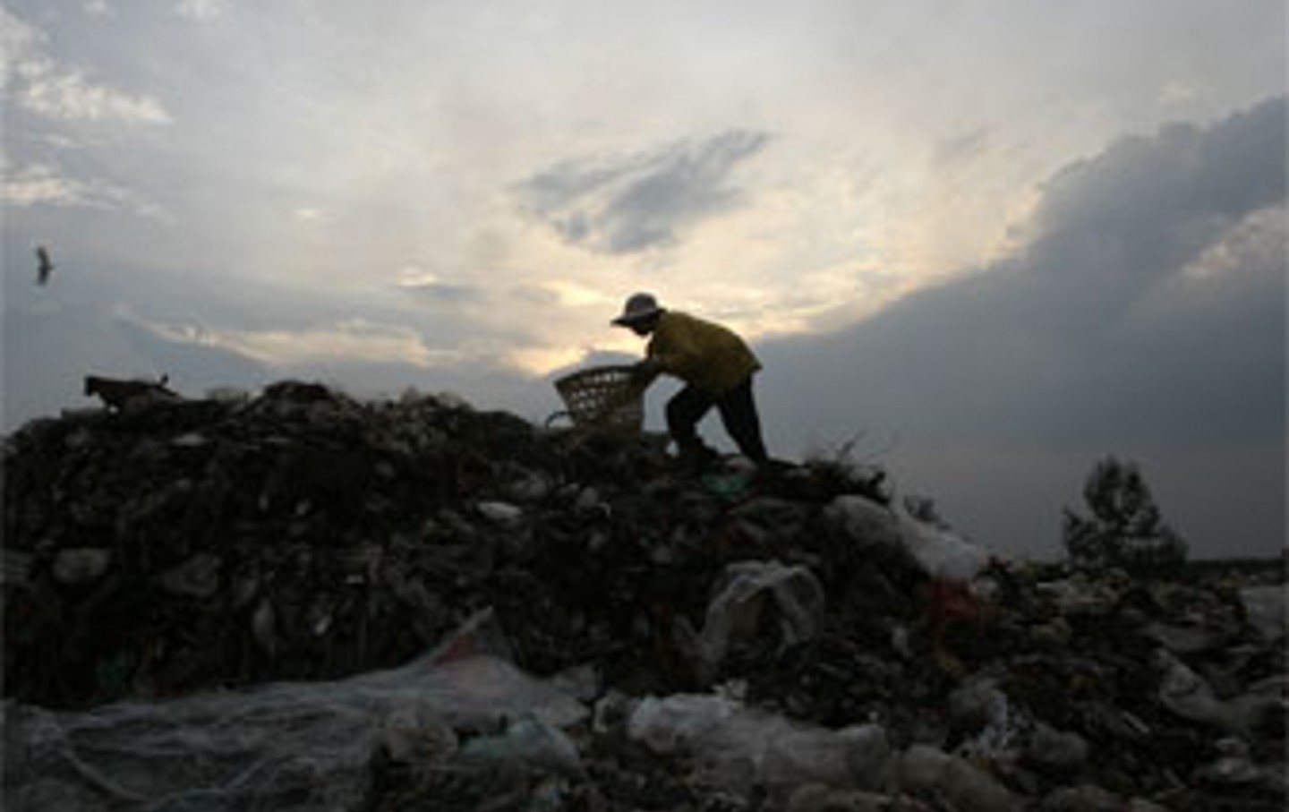 A man ekes out a living scavenging on a garbage dump in the Philippines.