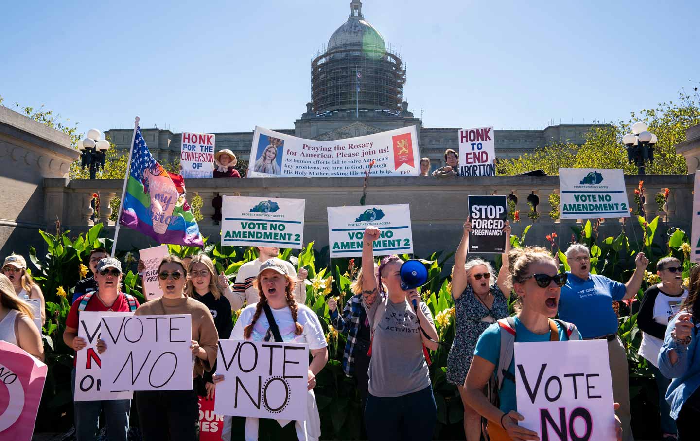 Counterprotesters rally in opposition to the Kentucky ballot initiative to add an anti-abortion amendment to the state’s constitution