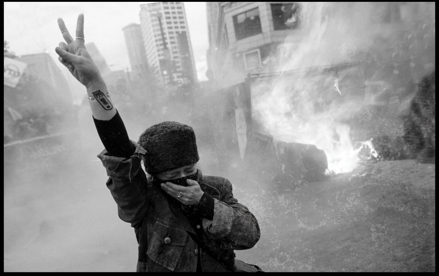 A protester at the 1999 World Trade Organization demon