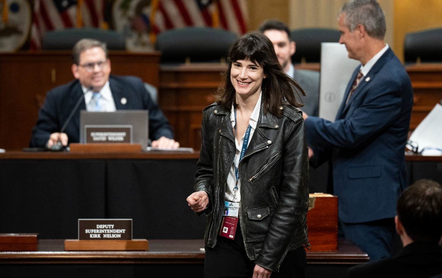 Rep.-elect Marie Gluesenkamp Perez (D-Wash.) smiles after drawing her number in the room lottery for new members of House.
