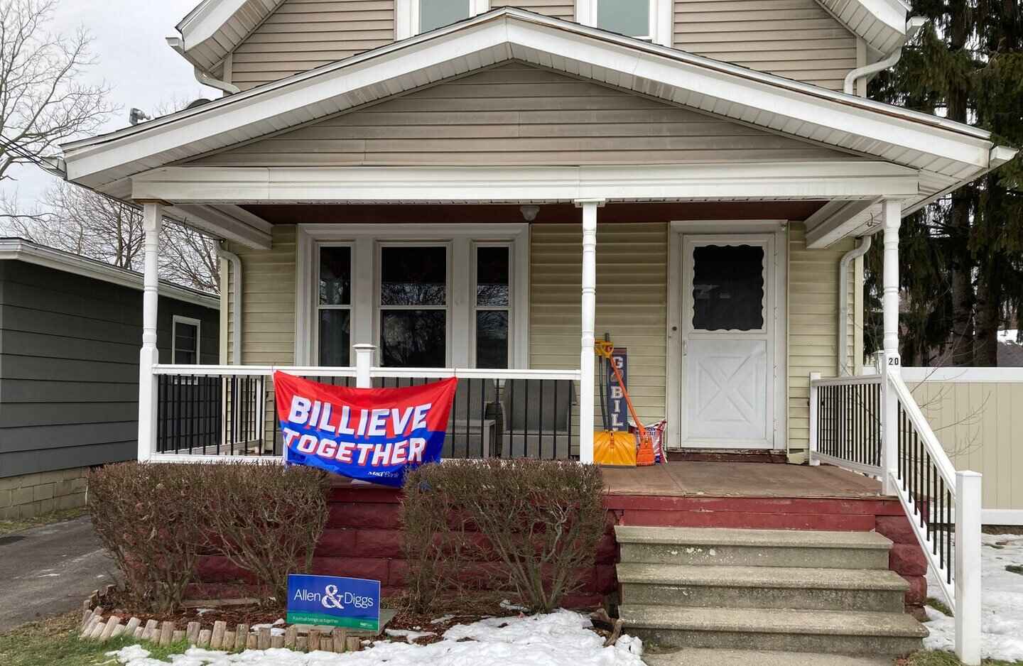Fan banners and signs still adorning a house in Buffalo's Schiller Park neighborhood, February 5, 2023.
