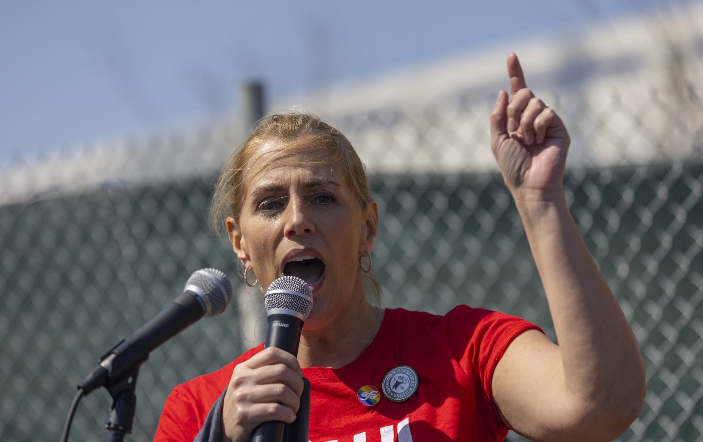 Sara Nelson addresses demonstrators