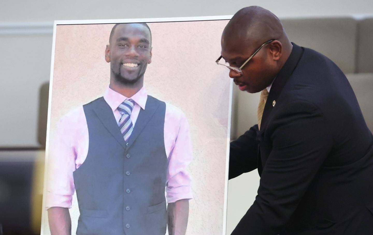 A photo of Tyre Nichols is positioned prior to a press conference on January 27, 2023 in Memphis, Tennessee.