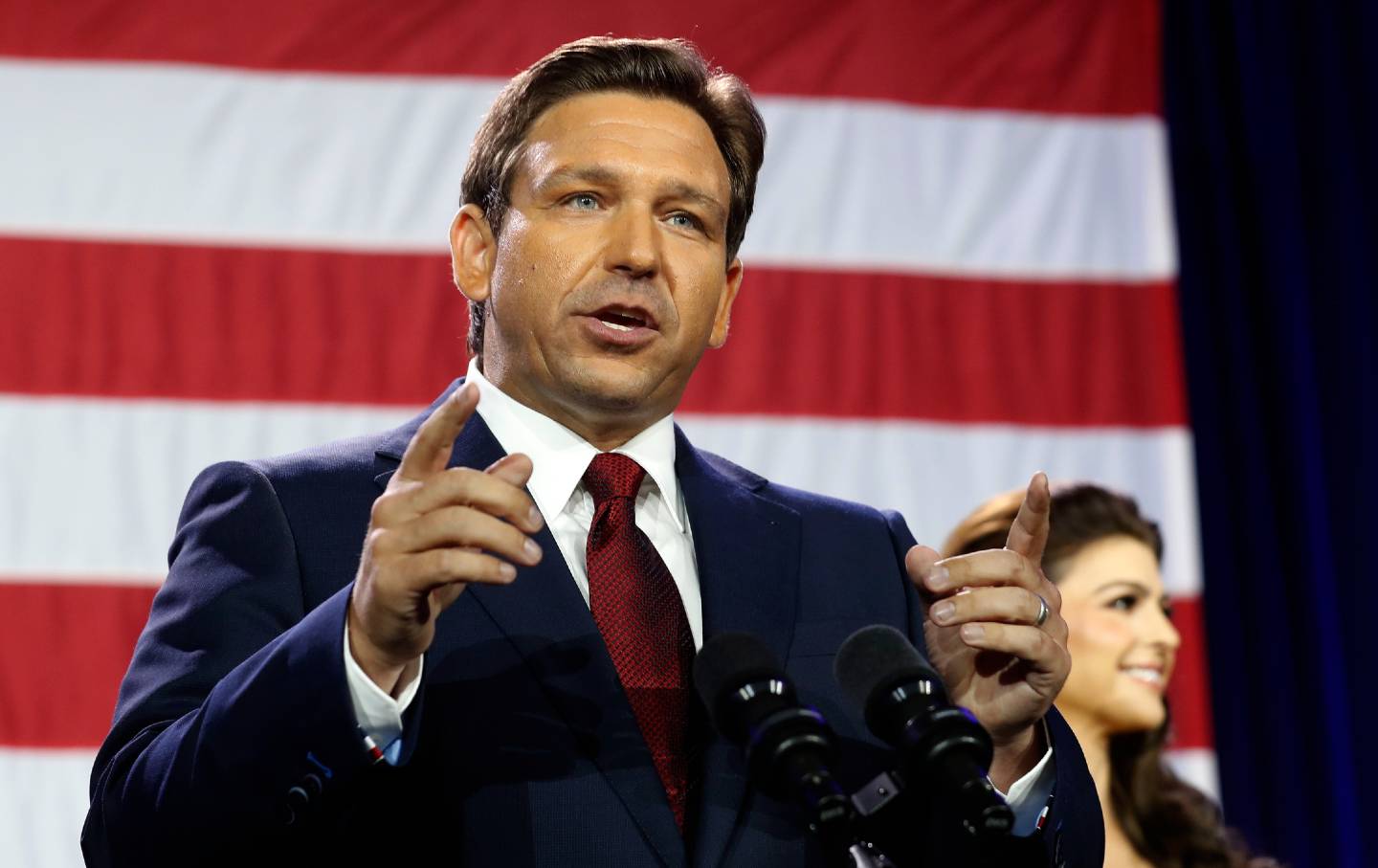 Florida Gov. Ron DeSantis gives a victory speech after defeating Democratic gubernatorial candidate Rep. Charlie Crist during his election night watch party at the Tampa Convention Center on November 8, 2022 in Tampa, Florida. DeSantis was the projected winner by a double-digit lead. (Photo by Octavio Jones/Getty Images)