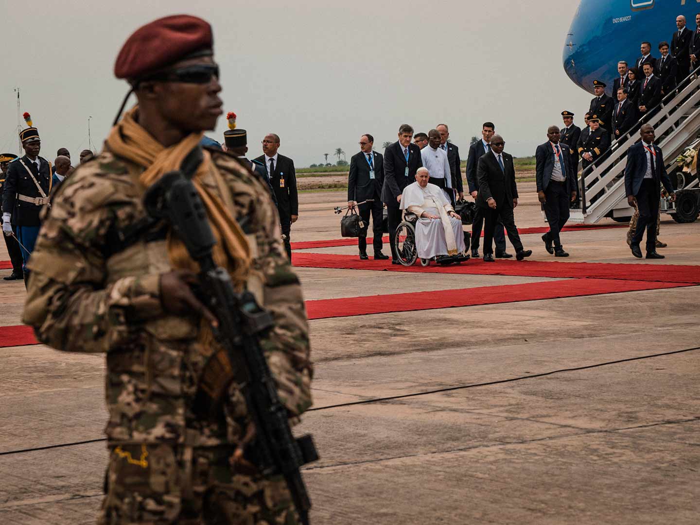 Pope Francis disembarks his plane in Kinshasa