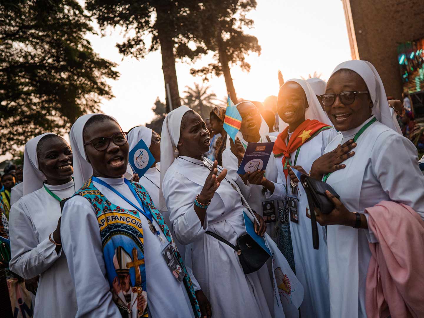 Religious communities sing and celebrate after a prayer meeting held by Pope Francis at Notre Dame Cathedral, Kinshasa