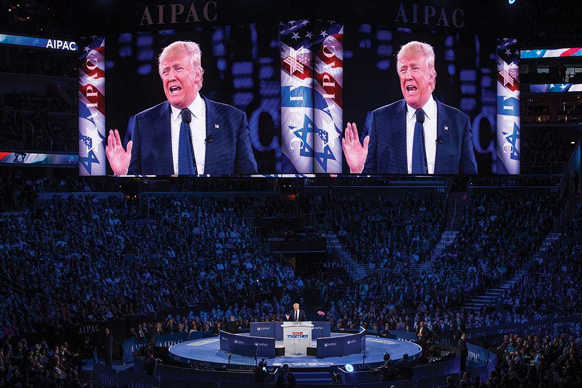 Donald Trump speaking at a campaign press conference at the AIPAC Policy Conference