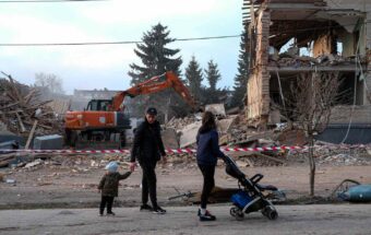 The remnants of a police station which was struck by a Russian missile in Bilopillya, Ukraine.