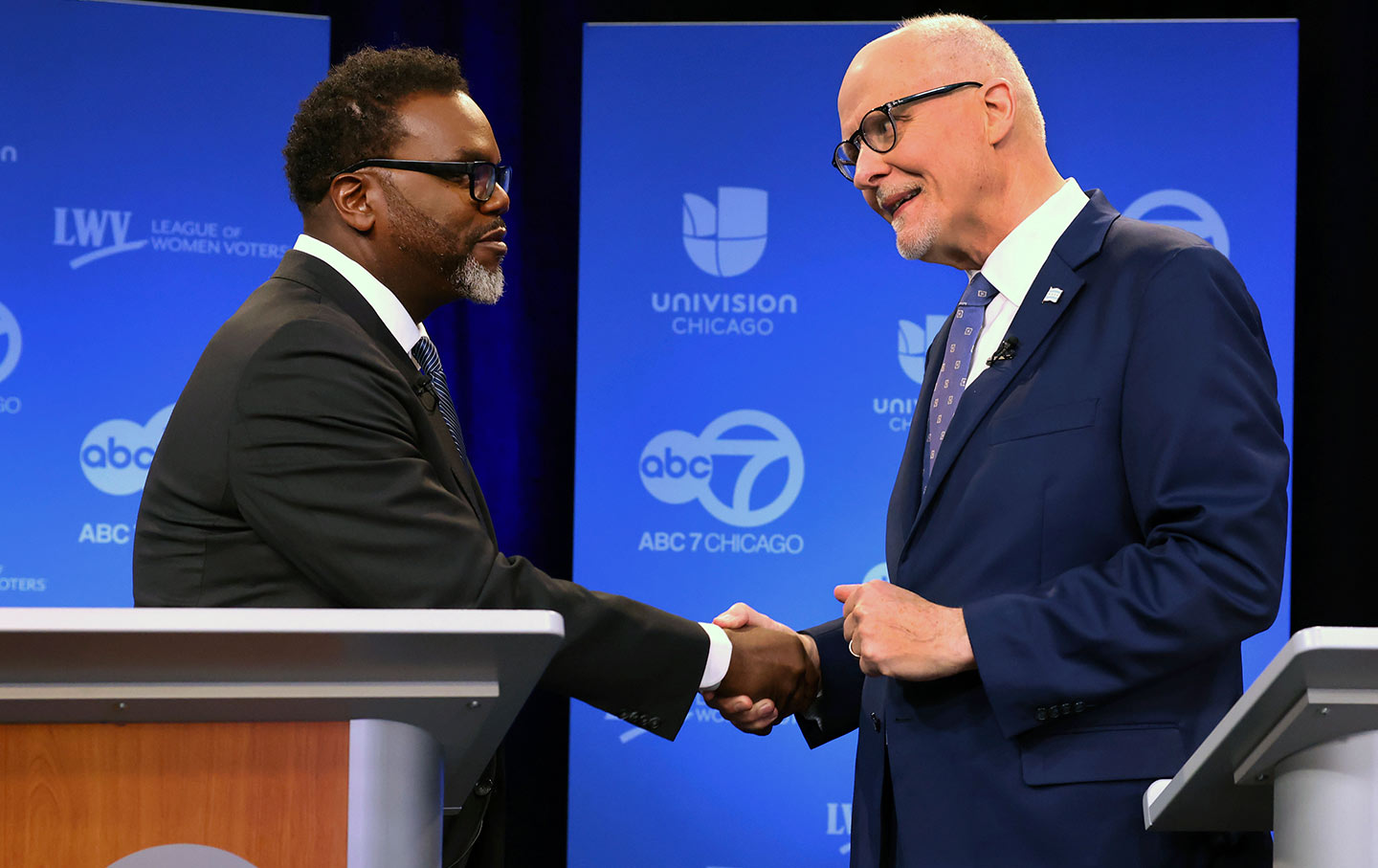 Chicago mayoral candidates Brandon Johnson, left, and Paul Vallas