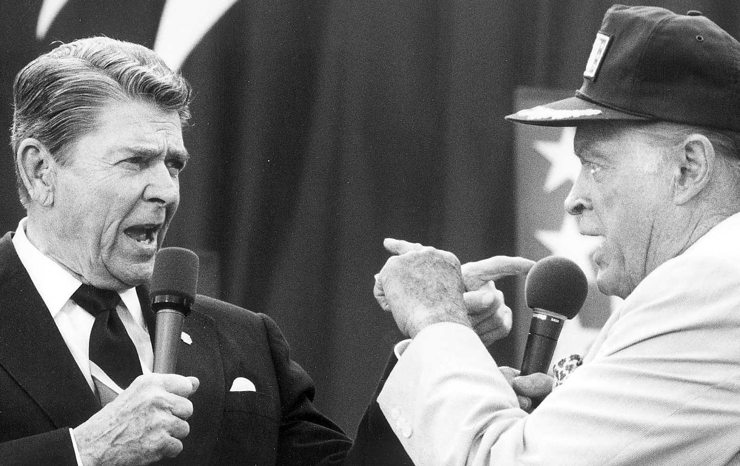 Ronald Reagan and Bob Hope at a USO appearance at Pope Air Force Base in North Carolina