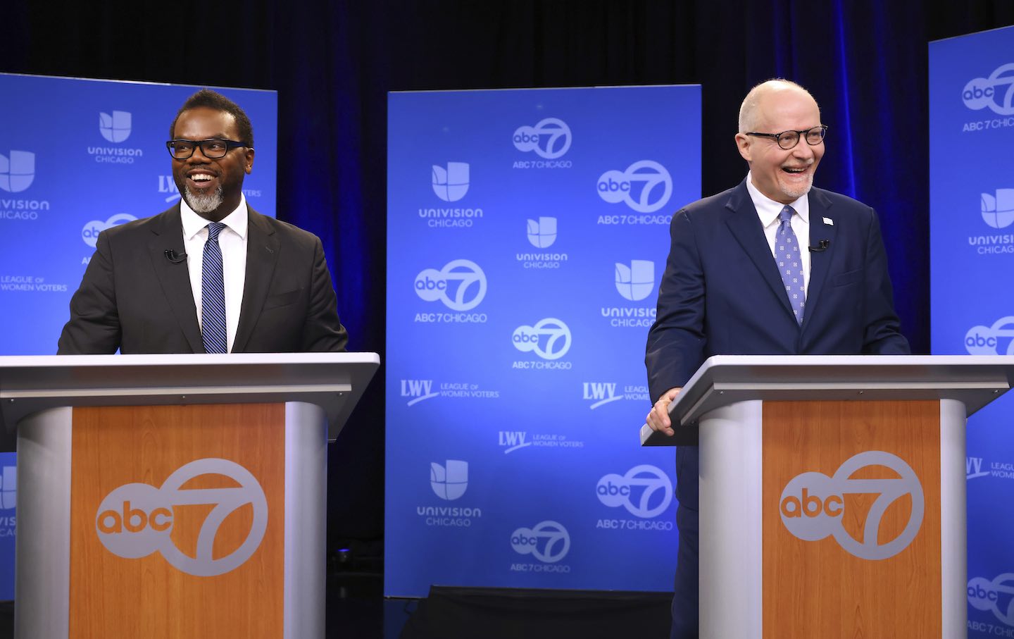 Chicago mayoral candidates Brandon Johnson, left, and Paul Vallas at ABC7 studios in downtown Chicago