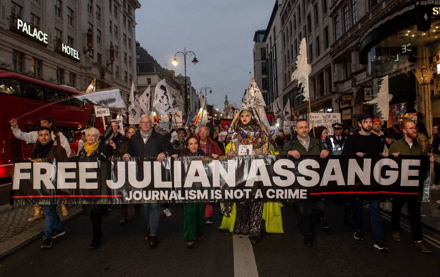 The Night Carnival makes its way through Westminster on February 11, 2023, in London, England, calling for the release of Julian Assange