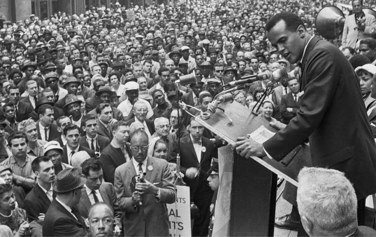 Harry Belafonte singing at a civil rights rally in Manhattan