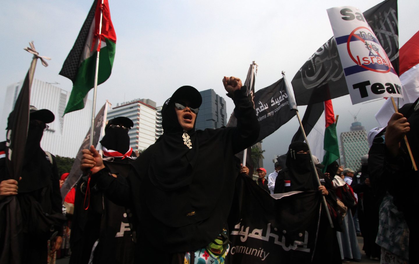 Protesters near the State Palace in Jakarta, Indonesia