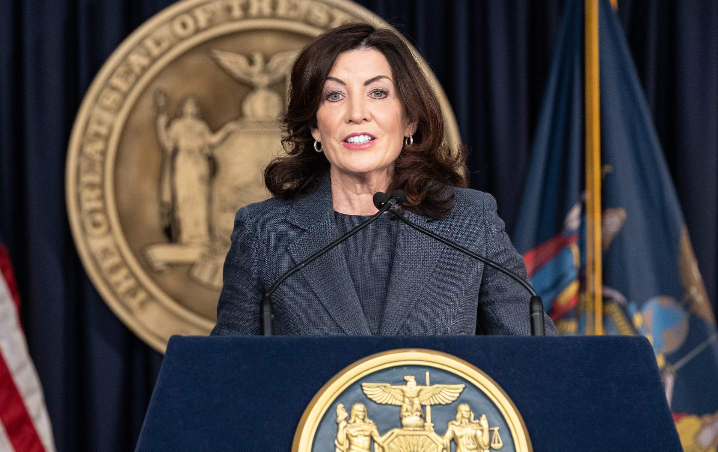 Kathy Hochul speaks at a press briefing.
