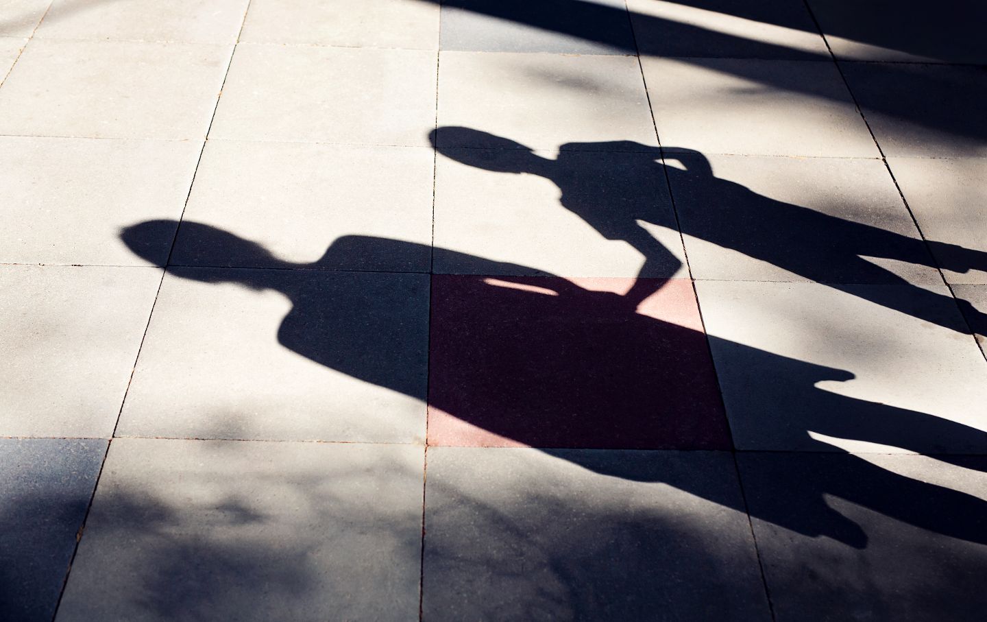 The shadow of a parent and child holding hands falls on a sidewalk.