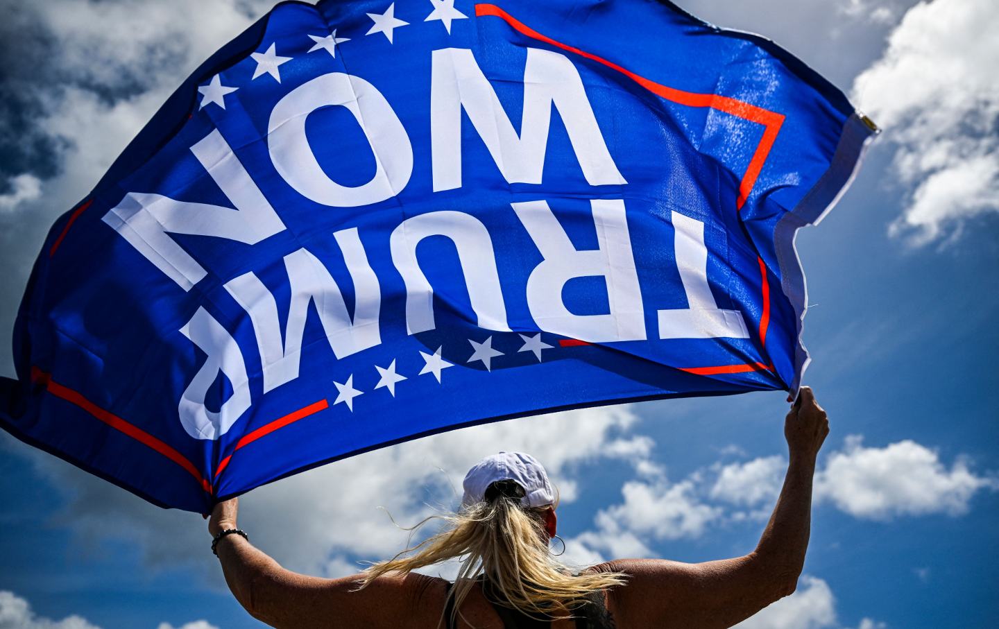 An upside-down view of a flag reading 