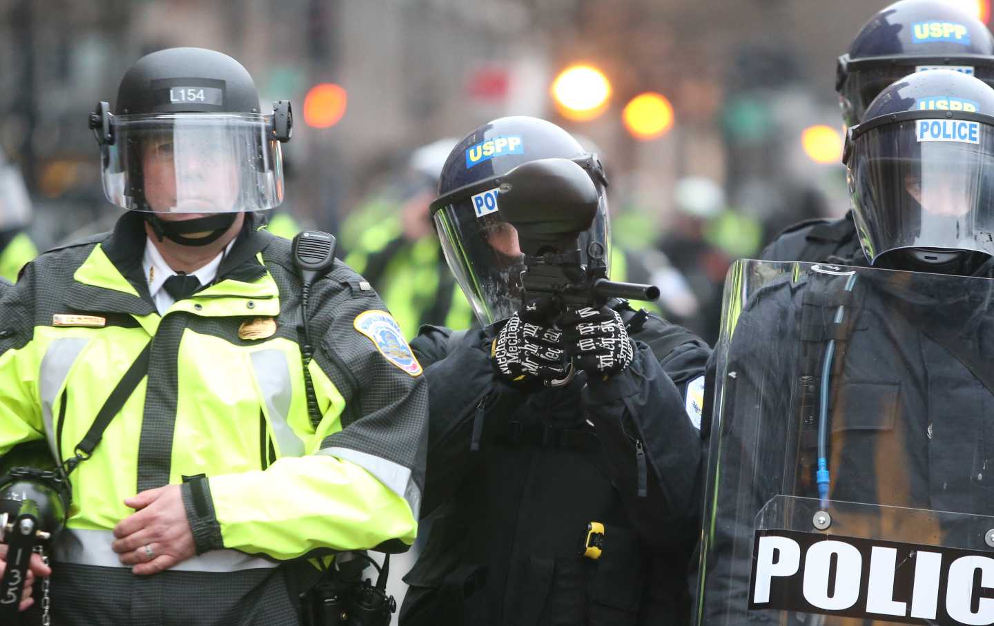 Police officers on the streets of downtown Washington, D.C., on Trump's inauguration day.