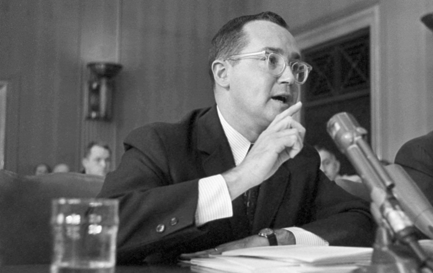 Then-FCC chair Newton Minow appearing before a Senate subcommittee in 1961