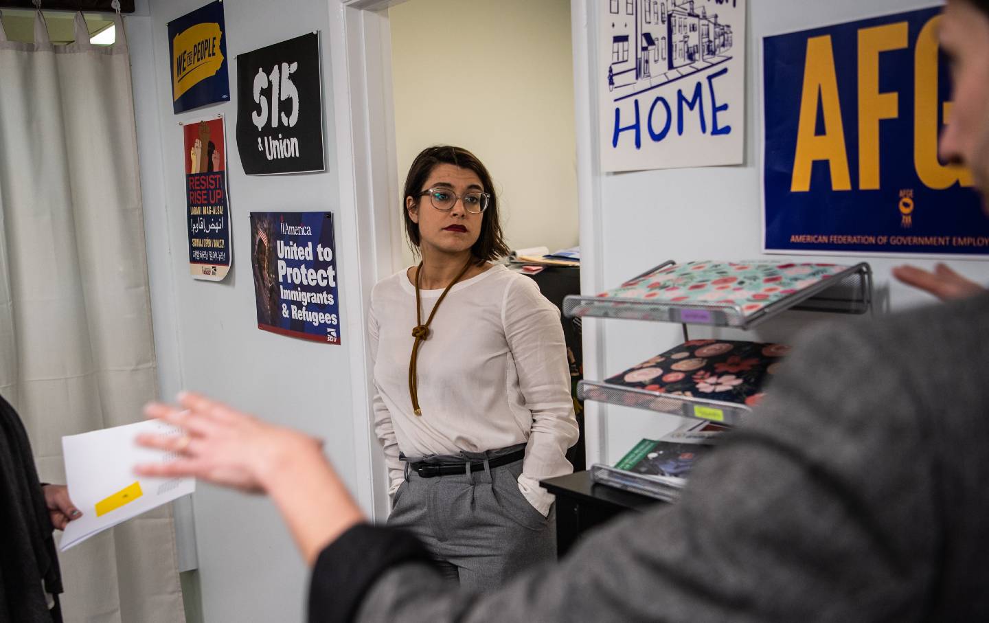 Pennsylvania state House Rep. Sara Innamorato discuss a matter with her staff on February 22, 2019, in Pittsburgh.