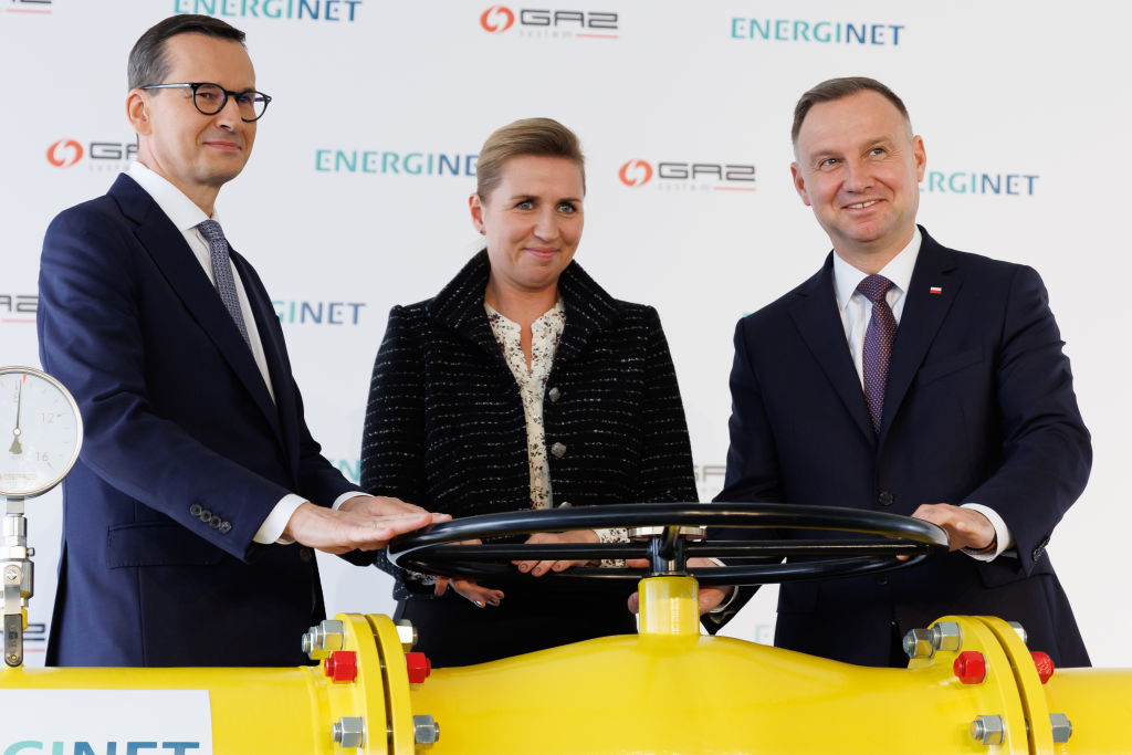 Polish Prime Minister Mateusz Morawiecki, Danish Prime Minister Mette Frederiksen and Polish President Andrzej Duda, at the official opening of the new natural gas pipeline between the Norwegian sector of the North Sea and Poland