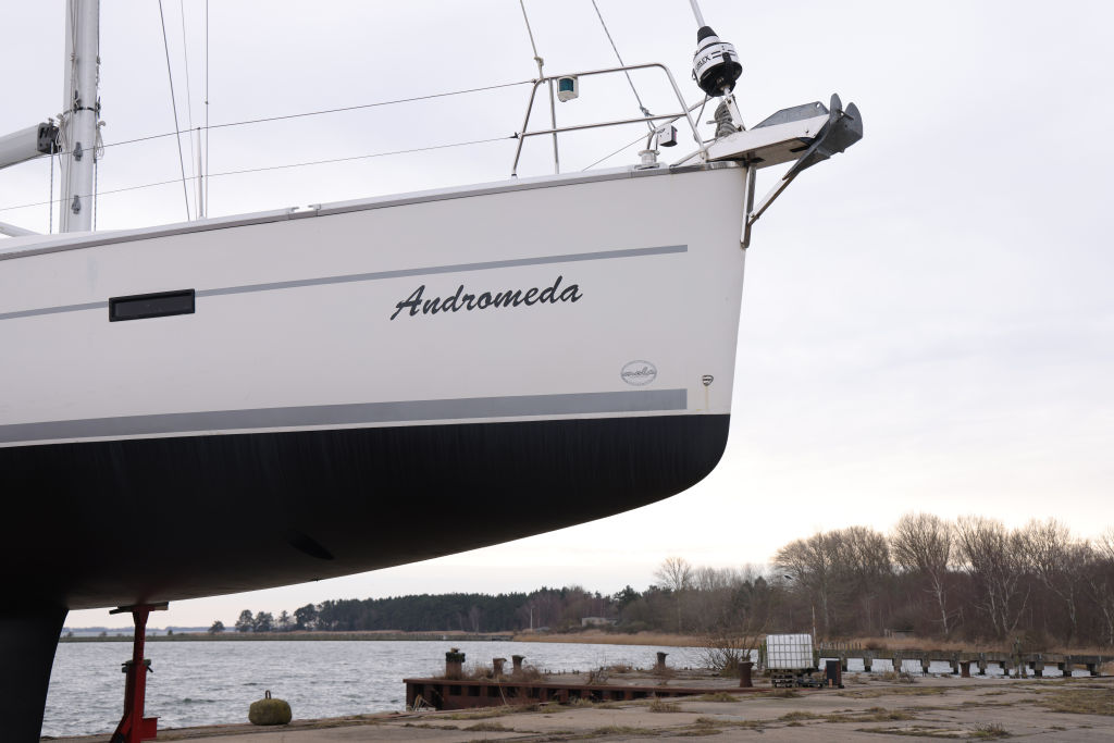 The Andromeda, a 50-foot Bavaria 50 Cruiser recreational sailing yacht, stands in dry dock on the headland of Bug on Ruegen Island