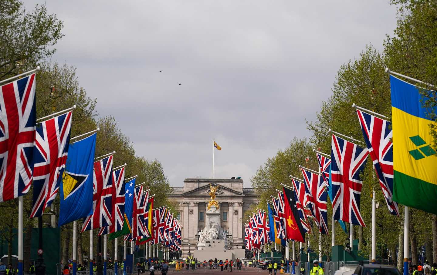 Flags hang along the length of the Mall in London, England, as preparations continue for the Coronation of King Charles III