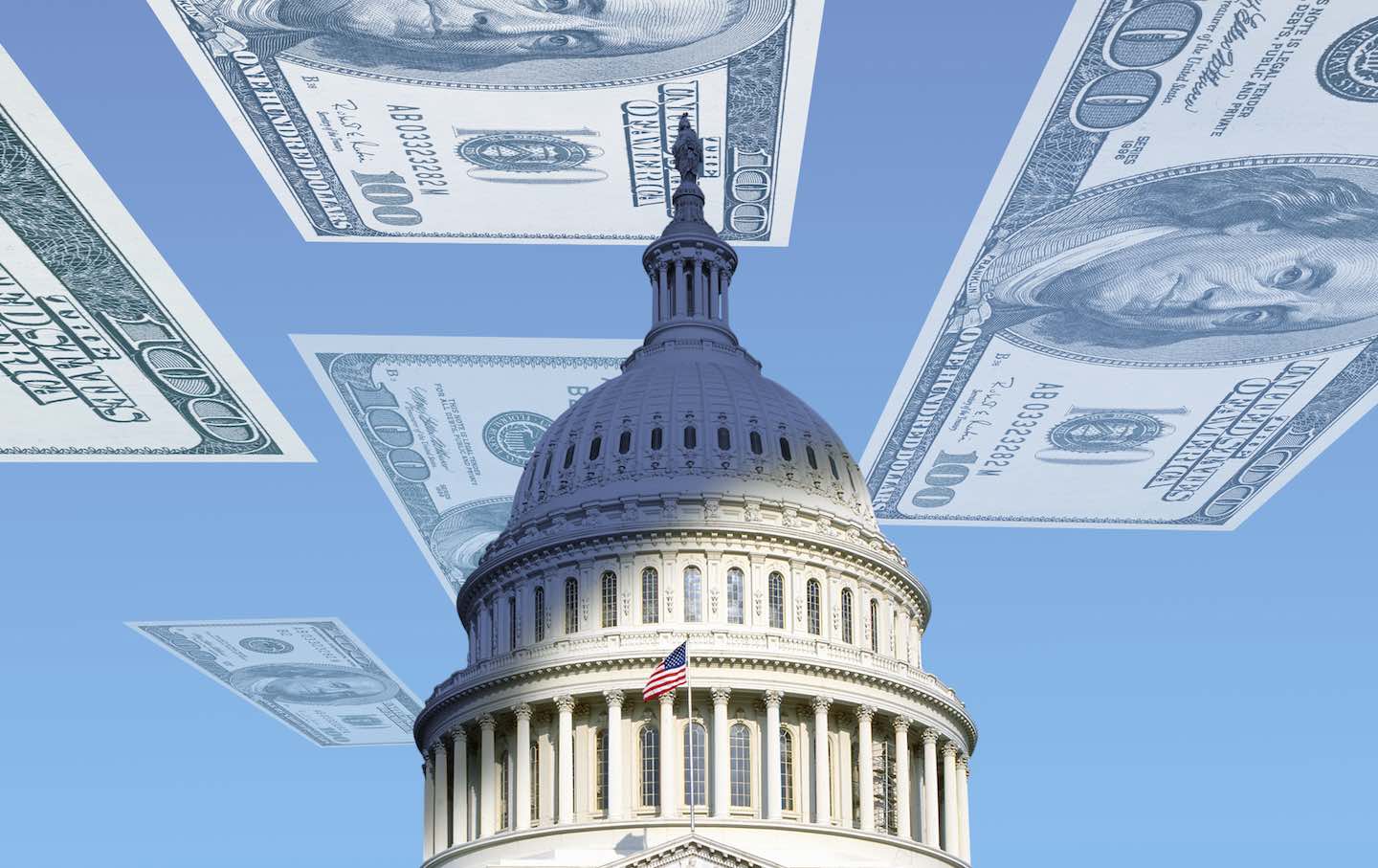 American 100 Dollar Bills Above U.S. Capitol