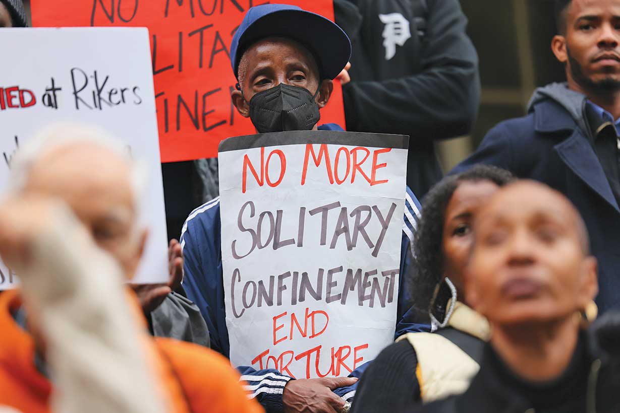 Demonstrators in New York City call for an end to solitary confinement, as well as other inhumane conditions at Rikers Island jail complex