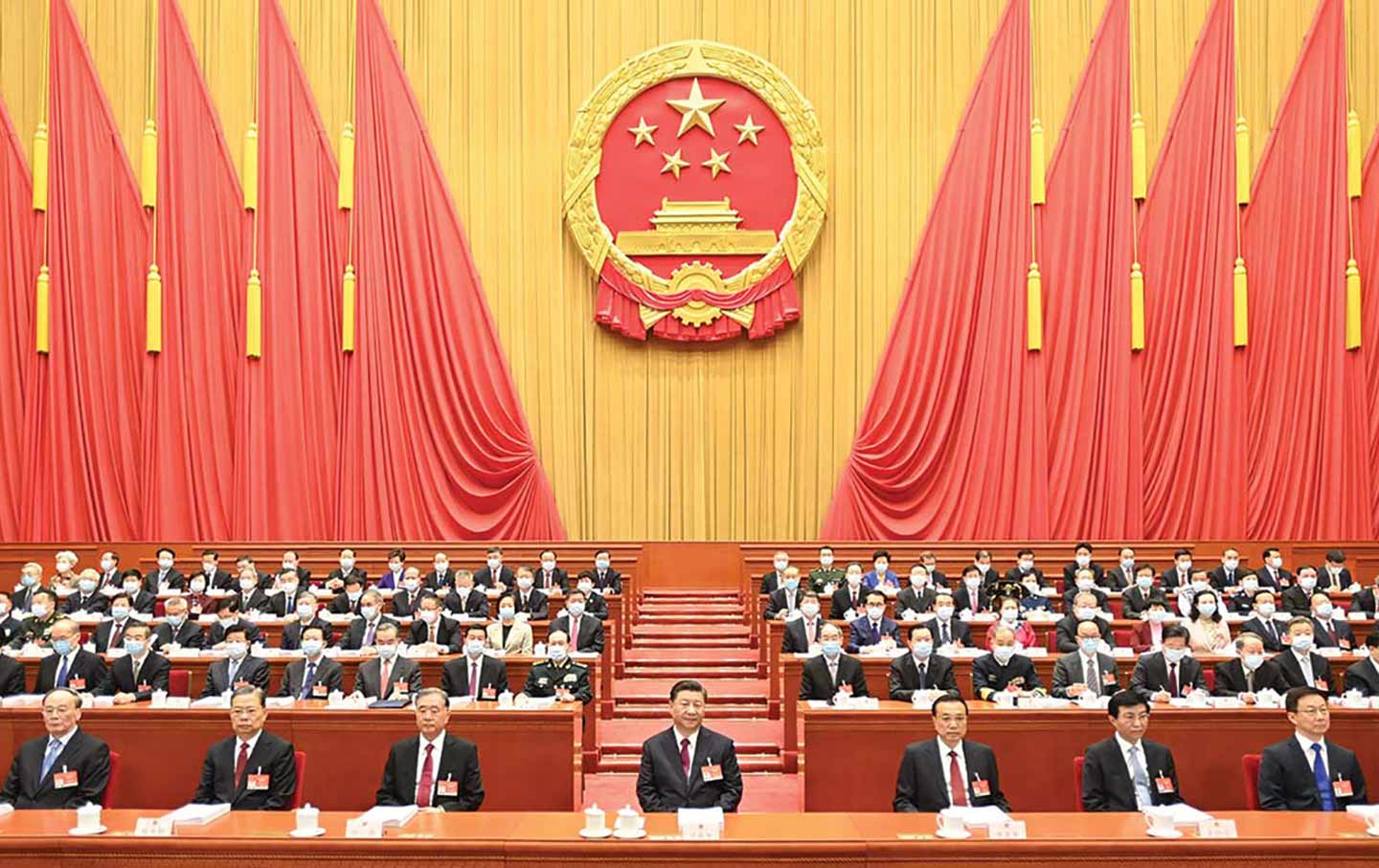 President Xi Jinping (center) and leaders of the Chinese Communist Party attend the opening of the National People’s Congress in 2021