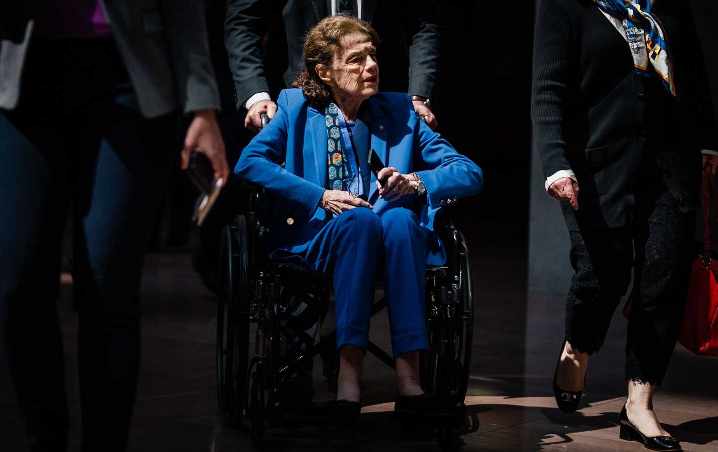 Senator Dianne Feinstein (D-Calif.) departs a meeting on Capitol Hill.