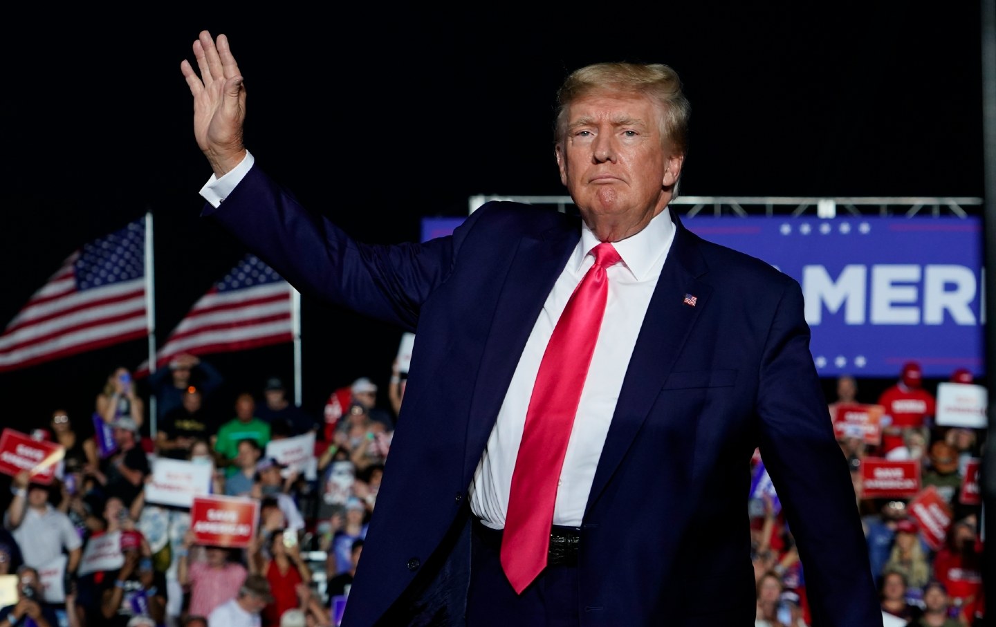 Former president Donald Trump arrives at a rally, August 5, 2022, in Waukesha, Wis.