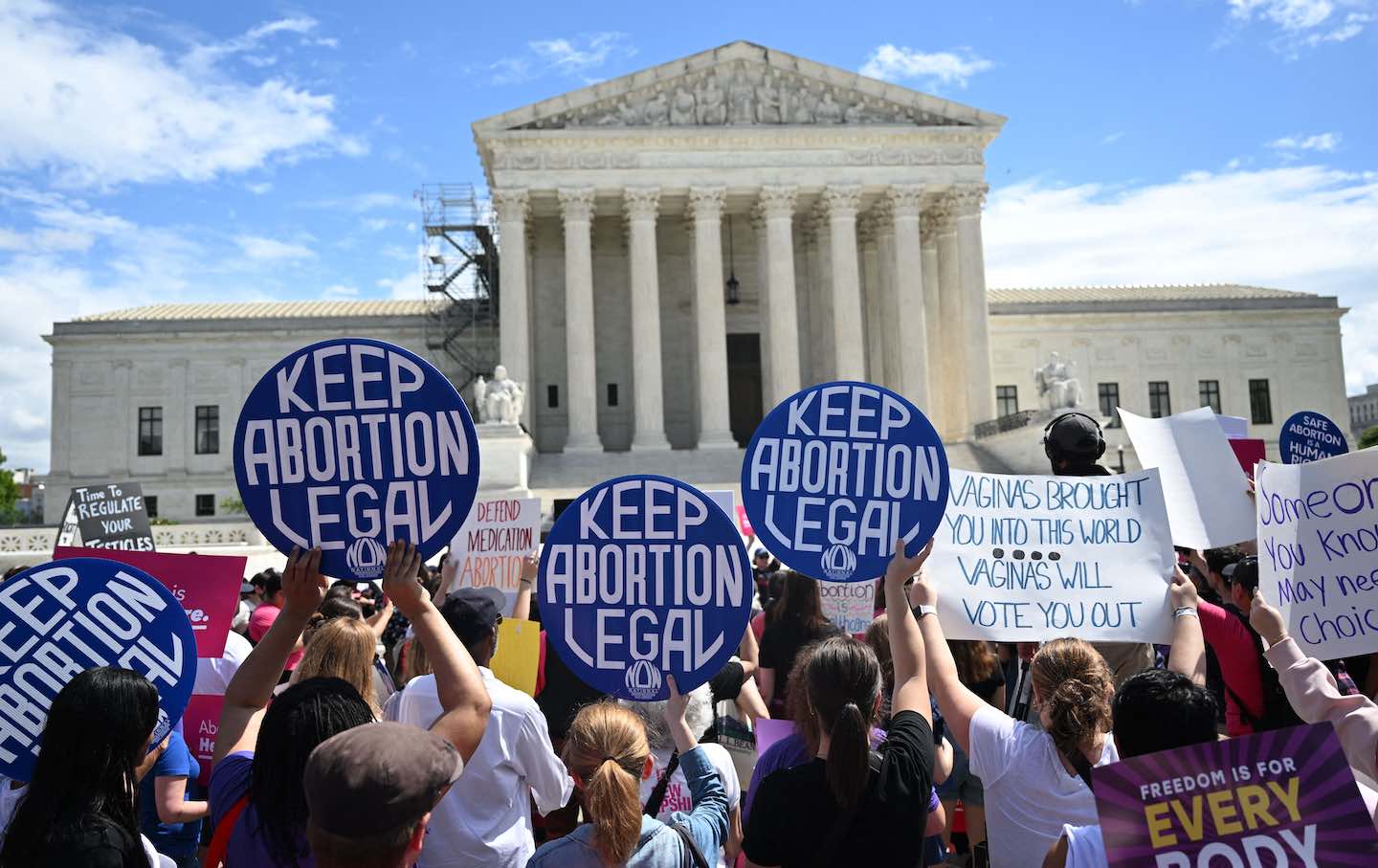 Demonstrators rally in support of abortion rights at the US Supreme Court in Washington, D.C., on April 15, 2023.
