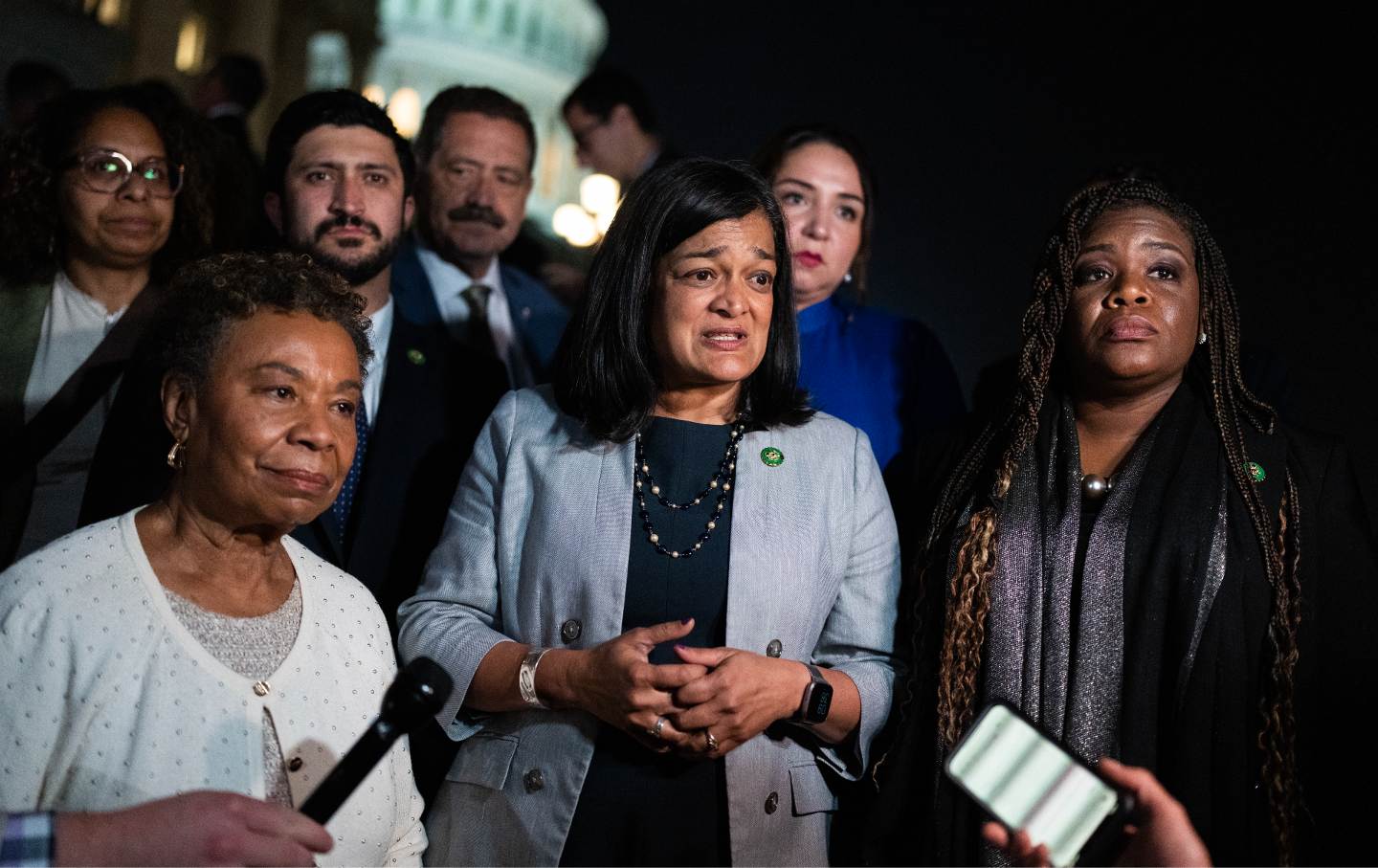 Representatives Barbara Lee (D-Calif.), Pramila Jayapal D-Wash.), and Cori Bush (D-Mo.) talk with reporters outside the U.S. Capitol after the House passed the Fiscal Responsibility Act