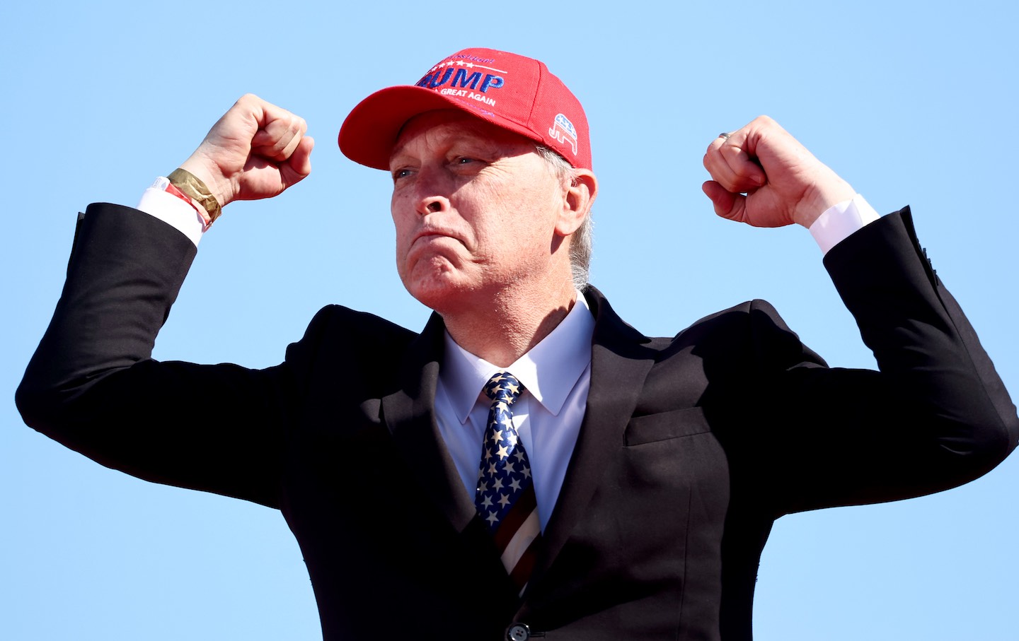 Representative Andy Biggs (R-Ariz.) strikes a pose at a campaign rally attended by former president Donald Trump at Legacy Sports USA on October 9, 2022 in Mesa, Ariz.