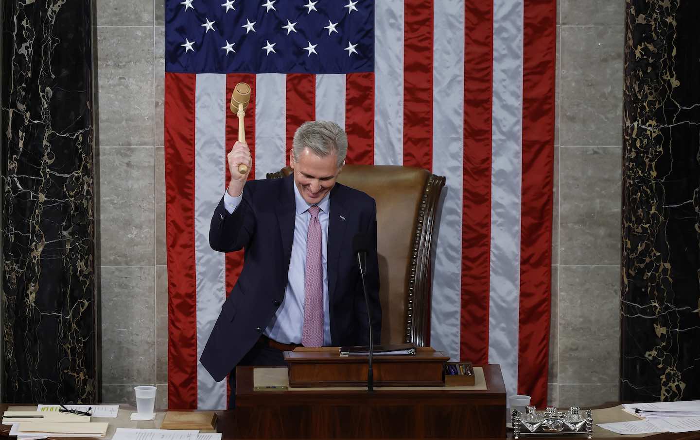 US Speaker of the House Kevin McCarthy (R-Calif.) hits the gavel after being elected Speaker in the House Chamber at the US Capitol on January 7, 2023.
