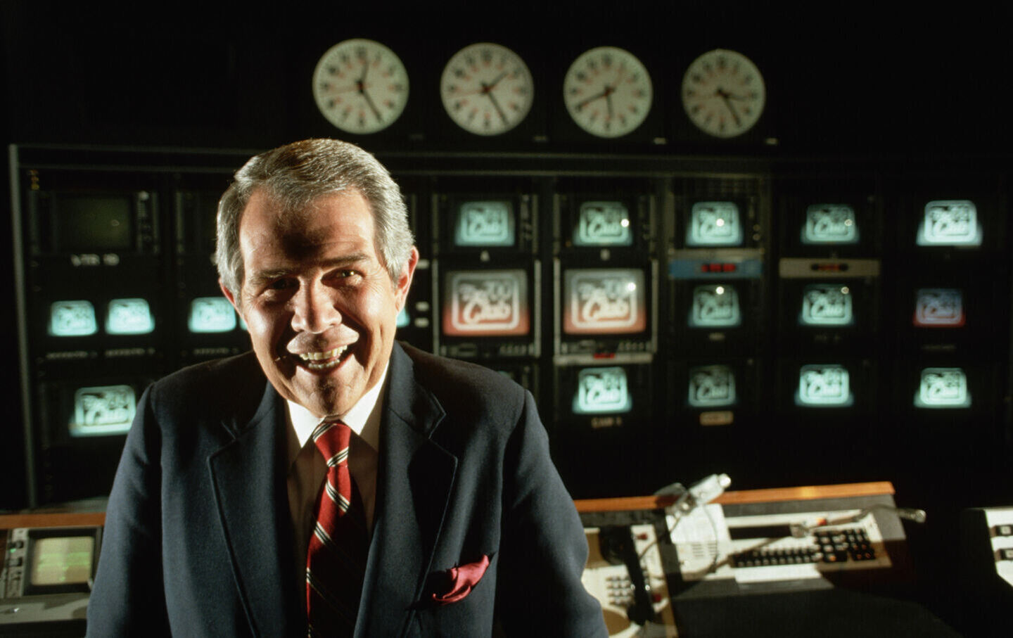 Television evangelist and conservative political activist Pat Robertson poses in the control room for his TV show