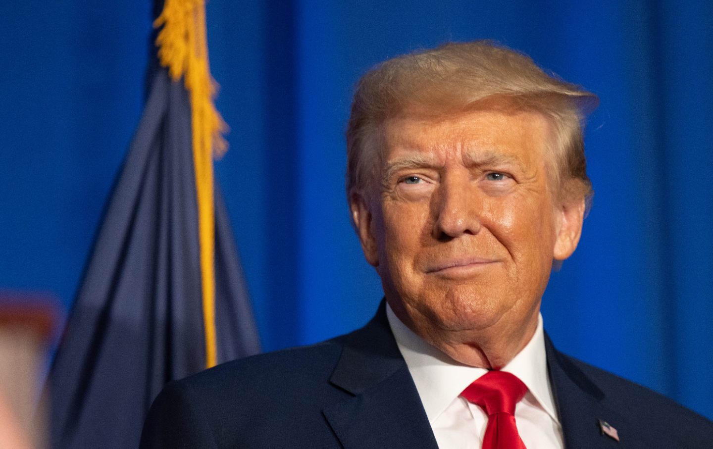 Trump smirking in front of flag