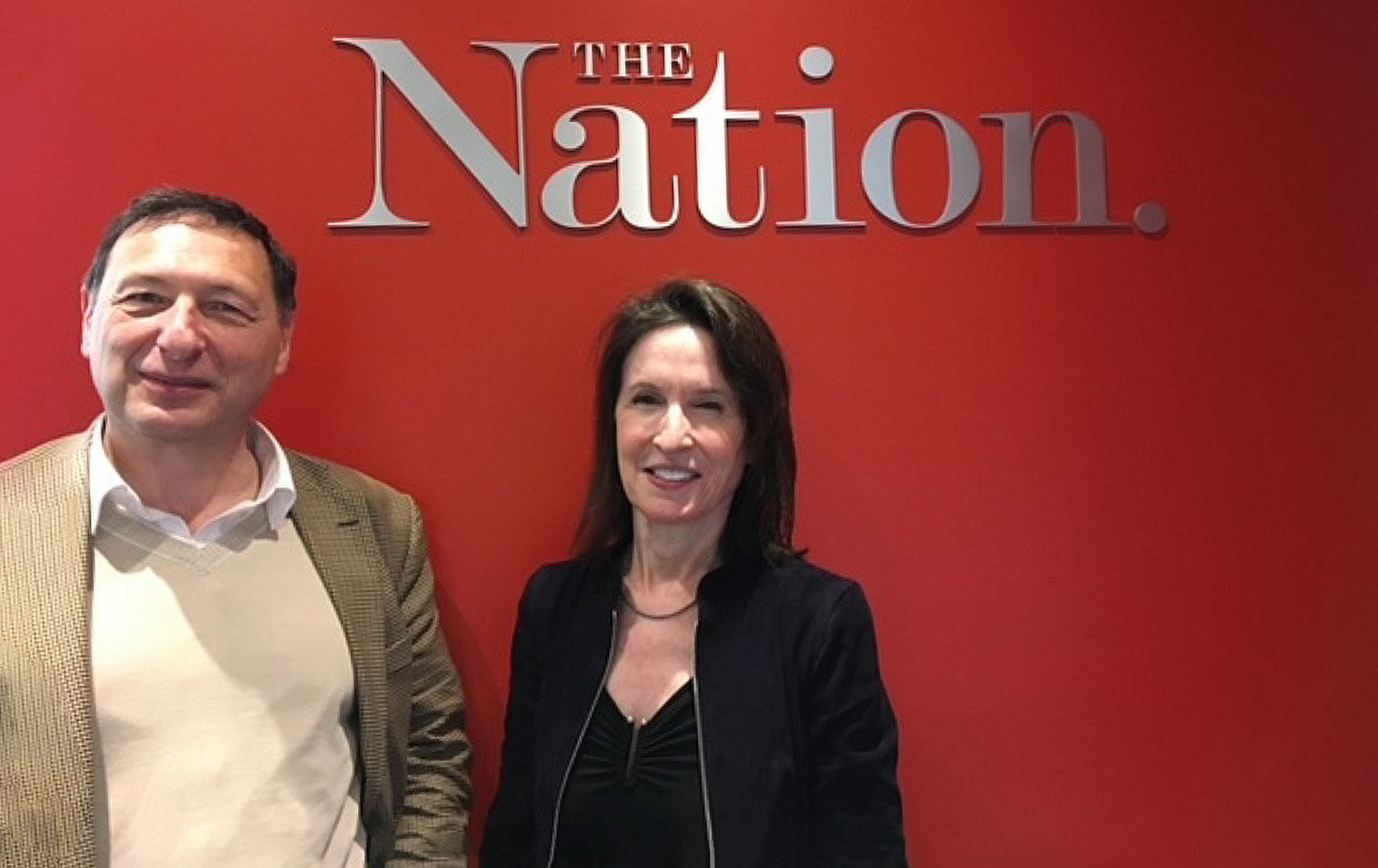 Contributor Boris Kagarlitsky (left) and editorial director and publisher Katrina vanden Heuvel (right) in The Nation's offices, 2019.