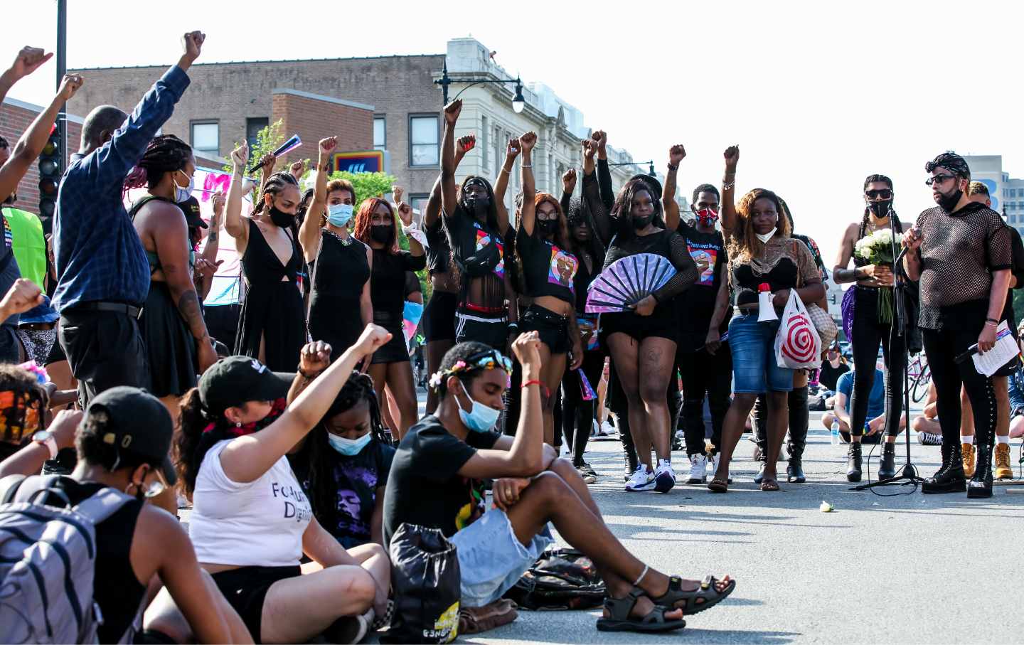 Community members from Brave Space Alliance, Broadway Youth Center, and Renaissance Social Services speak during the Pride Without Prejudice march on June 28, 2020 in Chicago, Illinois.