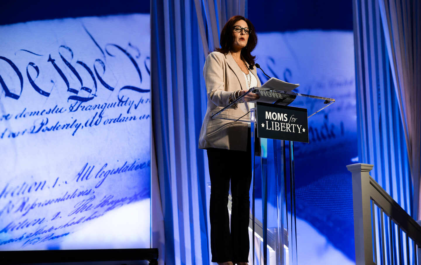 Cofounder of Moms for Liberty Tiffany Justice speaks ahead of former US Ppresident and Republican presidential candidate Donald Trump at the Moms for Liberty Summit in Philadelphia, Pa., 2023.