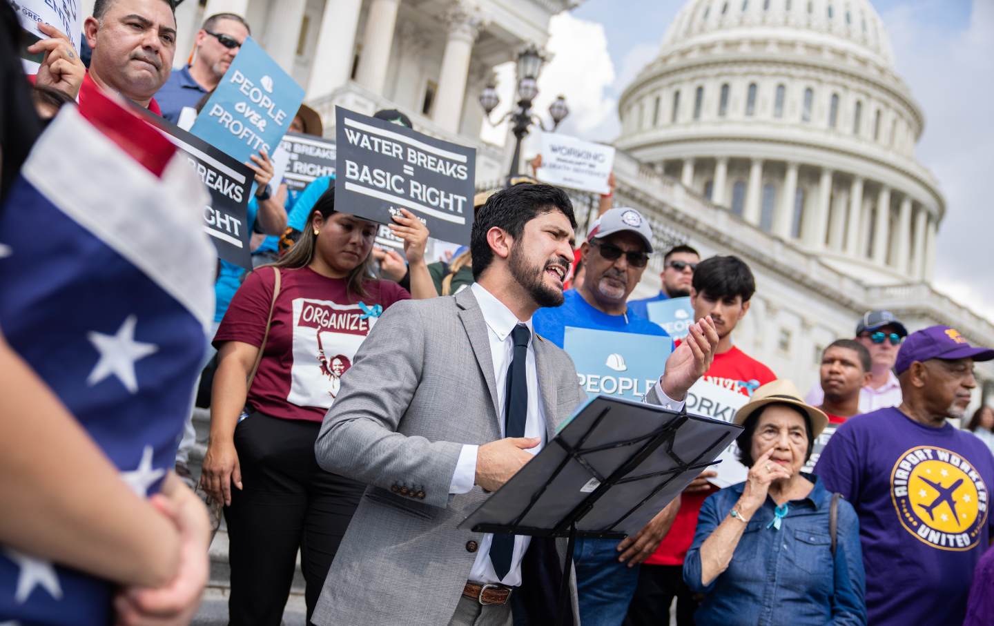Rep. Greg Casar, D-Texas, speaks during a Vigil and Thirst Strike for Workers' Rights on the House steps of the U.S. Capitol on Tuesday, July 25, 2023.