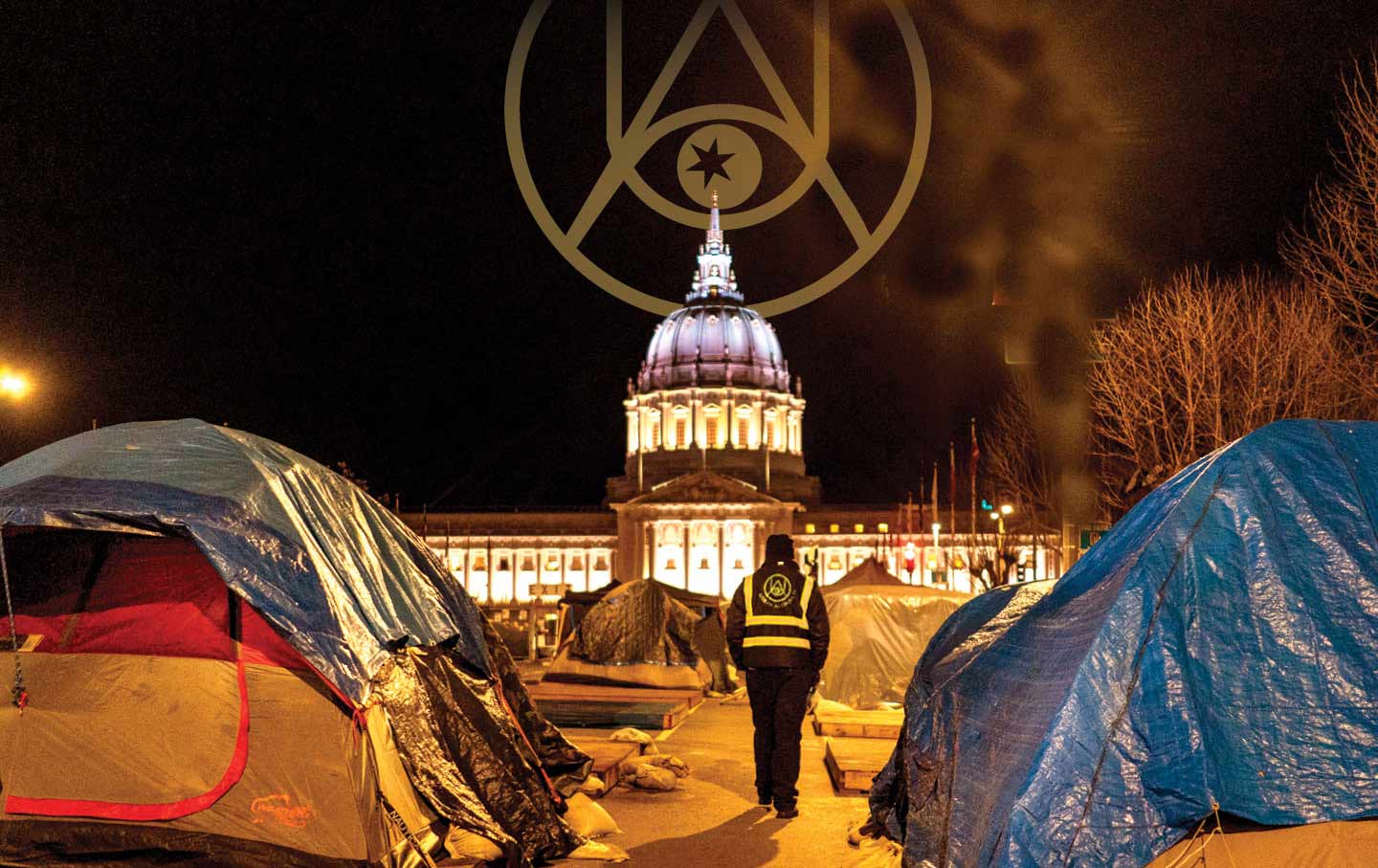 An Urban Alchemy ambassador patrols an encampment in front of San Francisco’s City Hall.