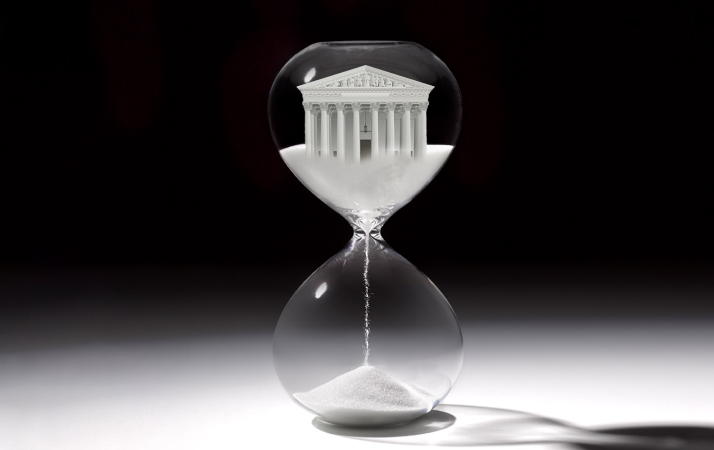 Photo illustration of the Supreme Court building as sand in an hourglass running out)