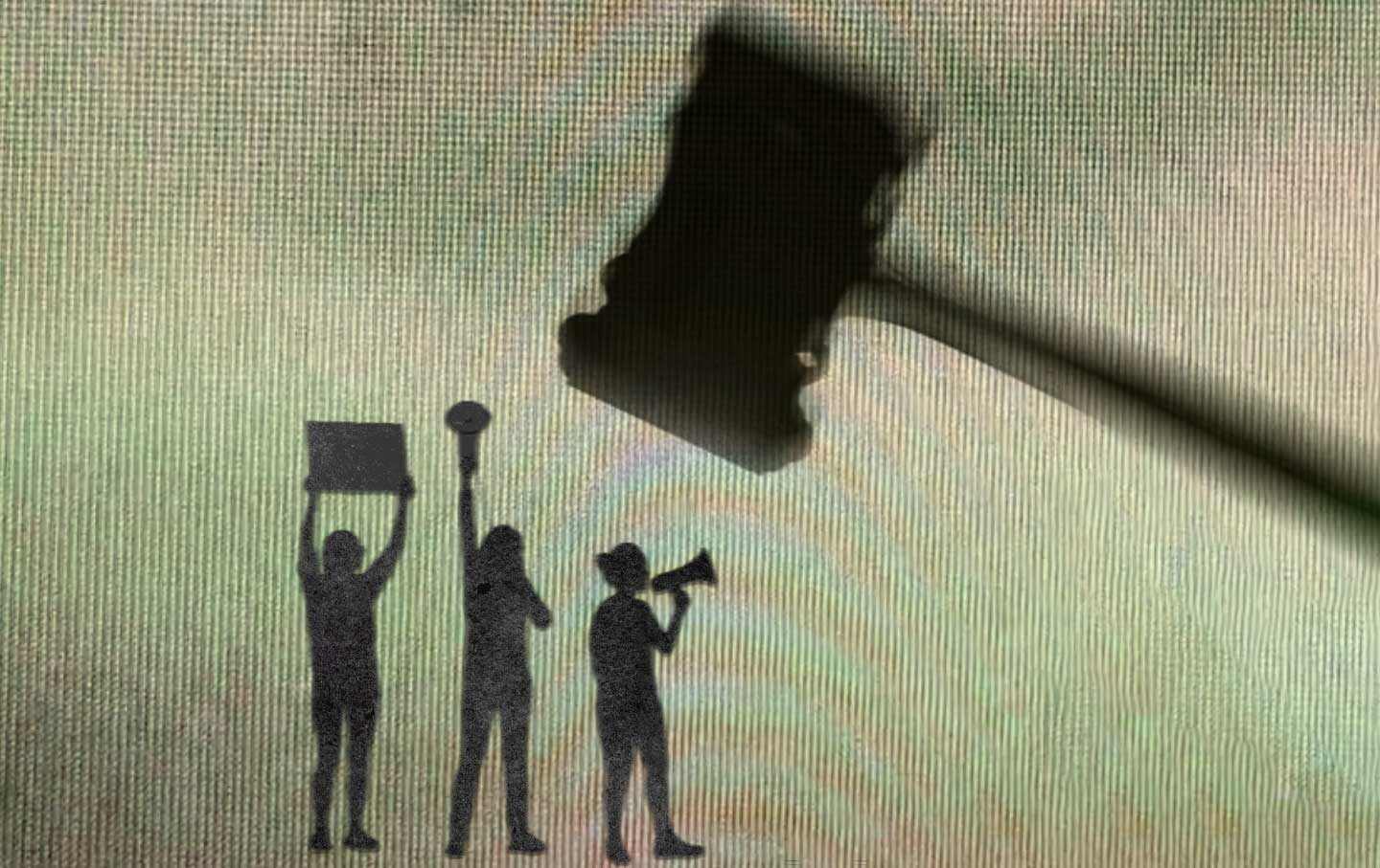 Illustration of protesters beneath a gavel.